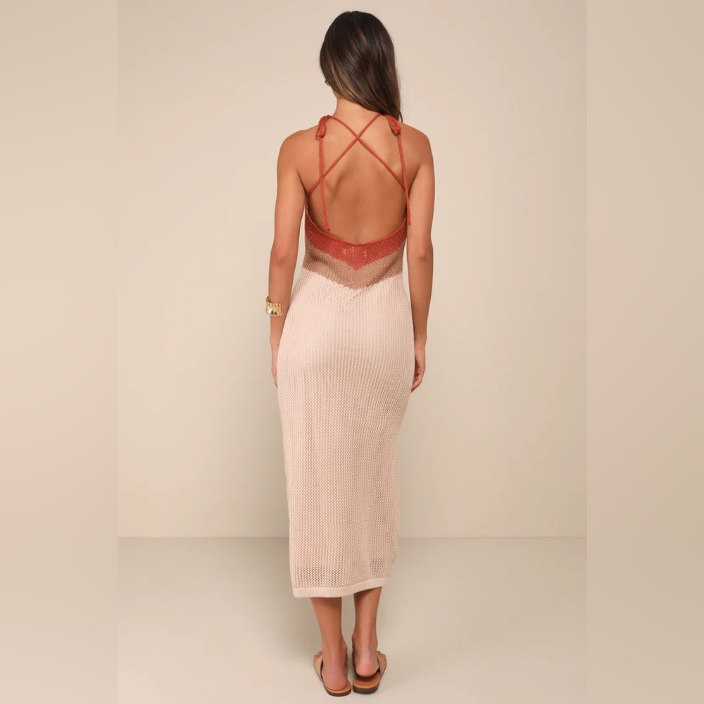 Lulu's Cancun Calling Taupe Multi Crochet Halter Midi Sweater Dress Small NWT - Picture 2 of 10